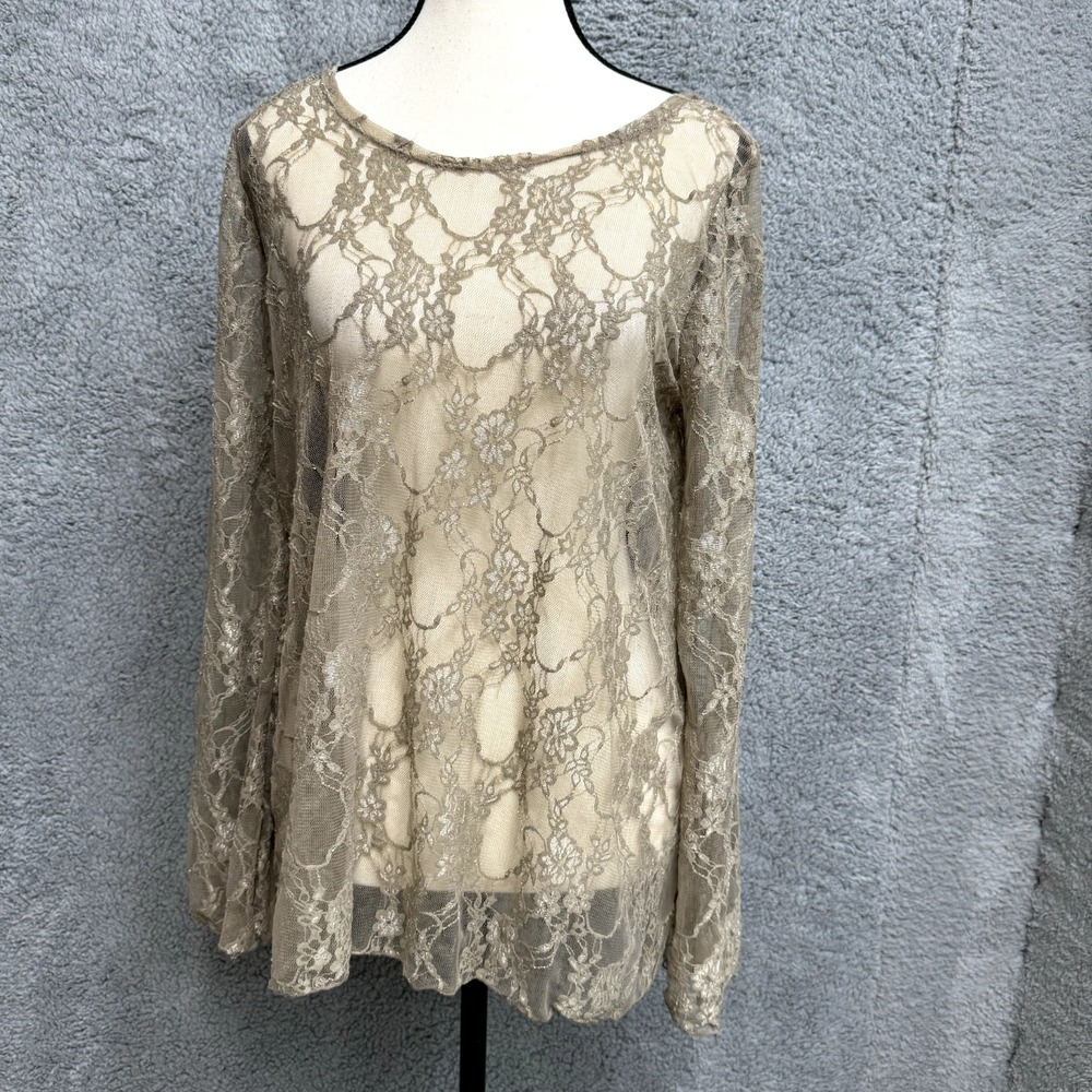 Lace Shirt Women M‎ Tan Sheer Fairy Fairycore Etheral Feminine Romantic Angelic